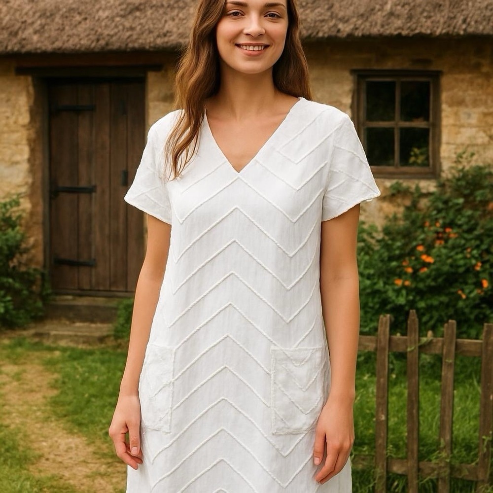 Anthropologie White Chevron V-Neck Shift Dress